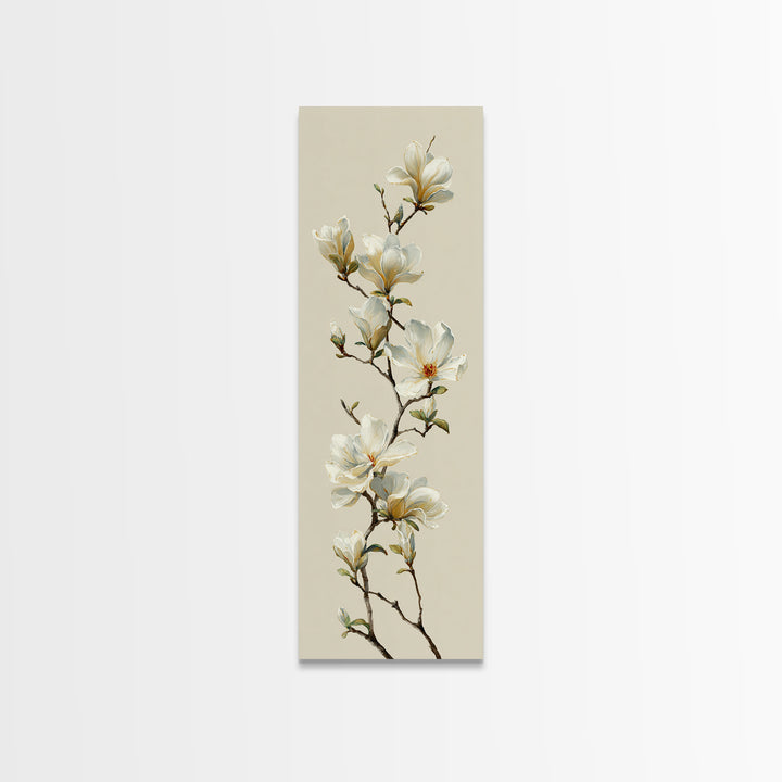 Delicate Magnolia Branch on Cream Background Framed Canvas Print, Above Bed Art, Digital Print, Bedroom Decor, Serenity, ABA-1x3-76