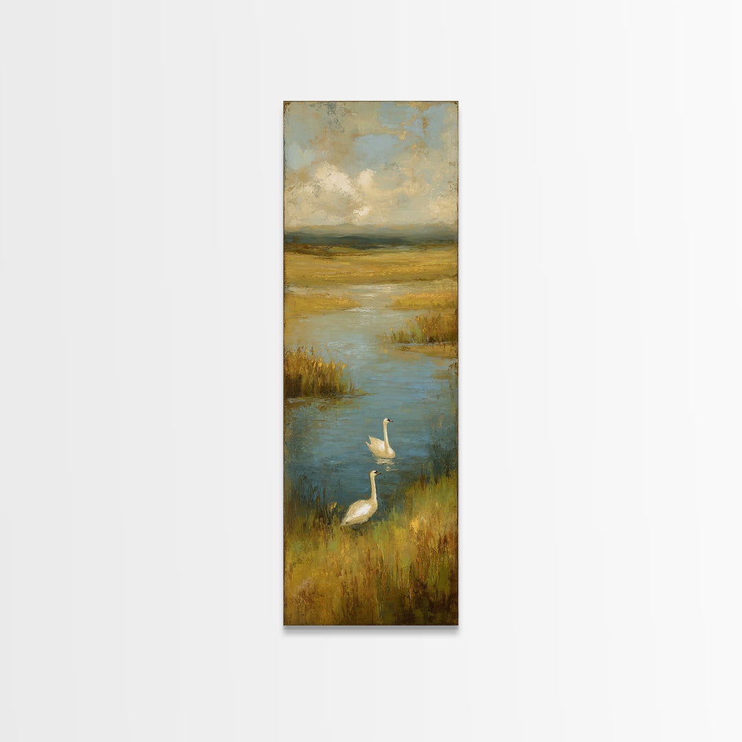 Paired Swans in a Dreamy Painterly Lake Canvas Print, Above Bed Art, Home Decor, Bedroom Decor, Fine Art, Serenity, ABA-1x3-82