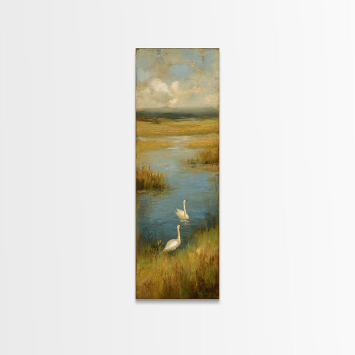 Paired Swans in a Dreamy Painterly Lake Canvas Print, Above Bed Art, Home Decor, Bedroom Decor, Fine Art, Serenity, ABA-1x3-82