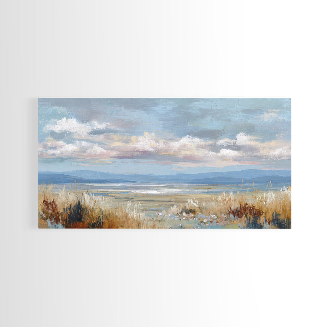 Tranquil Cloudscape with Blush Undertones Framed Canvas Print, Above Bed Art, Wall Decor, Bedroom Decor, Fine Art, Serenity, ABA-2x1-1
