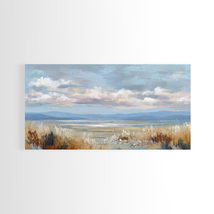 Tranquil Cloudscape with Blush Undertones Framed Canvas Print, Above Bed Art, Wall Decor, Bedroom Decor, Fine Art, Serenity, ABA-2x1-1