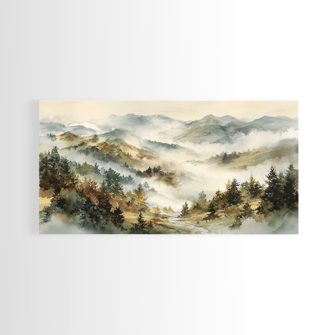 Quiet Forest Ridge Softened by Fog Framed Canvas Print, Above Bed Art, Art Print, Bedroom Decor, Fine Art, Serenity, Dorm Decor, ABA-2x1-10