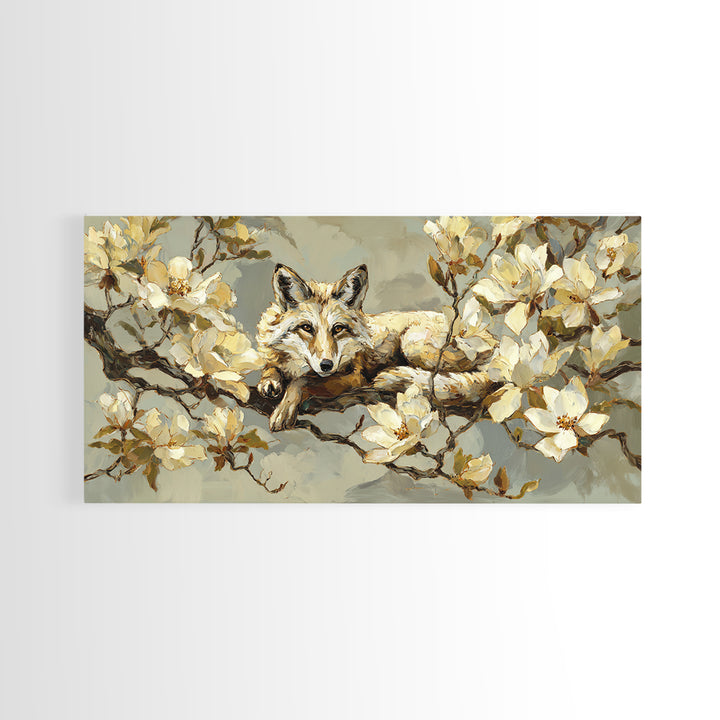 Delicate Magnolia Branch on Cream Background Framed Canvas Print, Above Bed Art, Bedroom Decor, Watercolor Art, Serenity, ABA-2x1-12