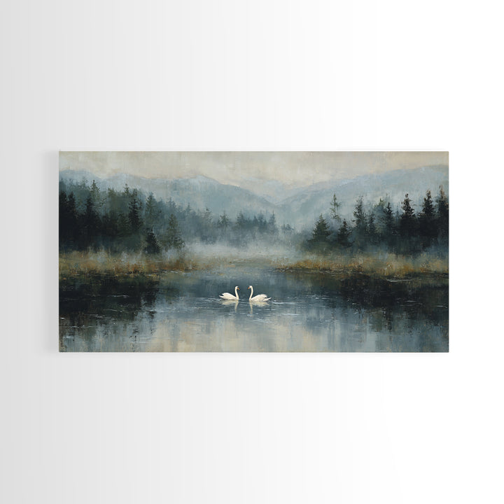 Paired Swans in a Dreamy Painterly Lake Framed Canvas Print, Above Bed Art, Fine Art Print, Bedroom Decor, Fine Art, Serenity, ABA-2x1-18