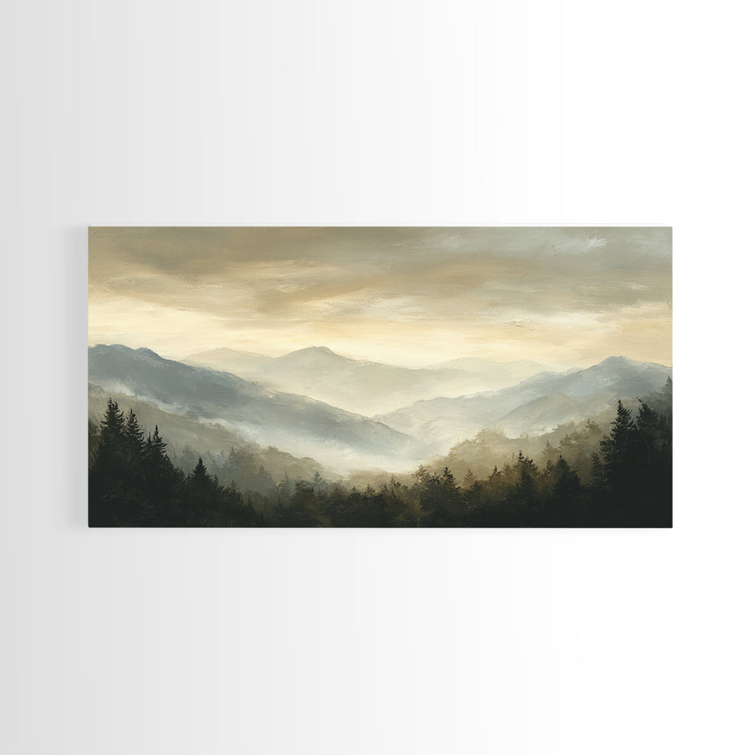Panoramic Misty Mountain Landscape Canvas Print, Above Bed Art, Wall Art, Bedroom Decor, Fine Art, Serenity, Digital Print, ABA-2x1-21