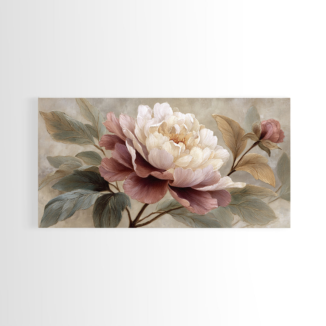 Romantic Oversized Peony Bloom on Warm Linen Canvas Print, Above Bed Art, Statement Artwork, Bedroom Decor, Abstract Art, ABA-2x1-22