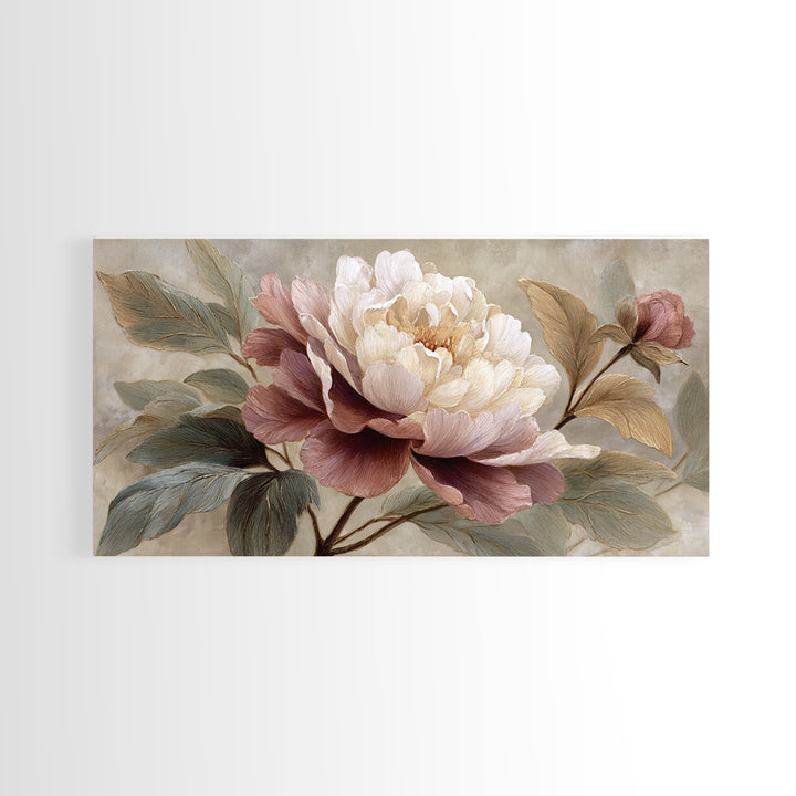 Romantic Oversized Peony Bloom on Warm Linen Canvas Print, Above Bed Art, Statement Artwork, Bedroom Decor, Abstract Art, ABA-2x1-22