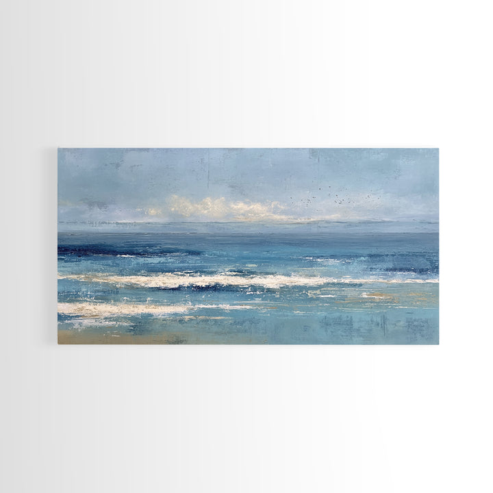 Quiet Moon over a Calm Ocean Horizon Framed Canvas Print, Above Bed Art, Mid Century Modern, Bedroom Decor, Fine Art, Serenity, ABA-2x1-23