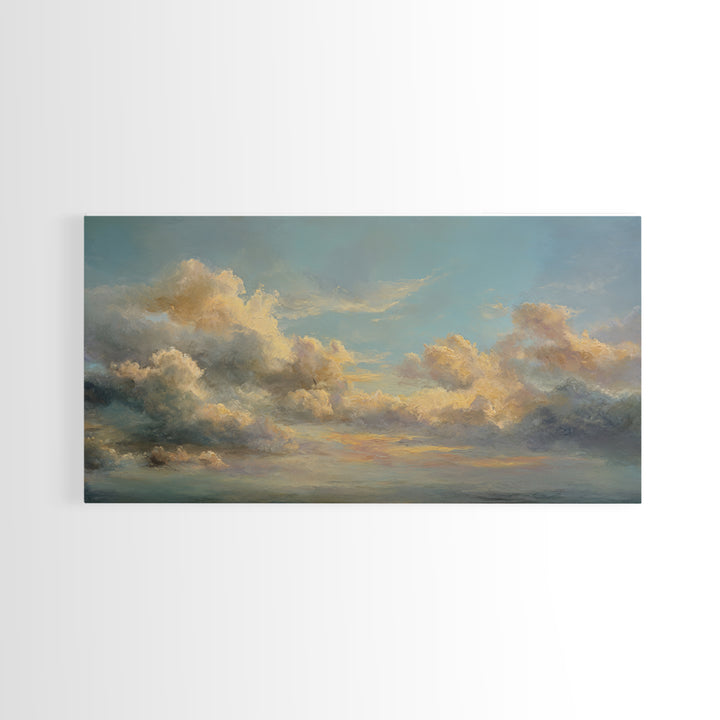 Tranquil Cloudscape with Blush Undertones Framed Canvas Print, Above Bed Art, Wall Decor, Bedroom Decor, Fine Art, Serenity, ABA-2x1-25