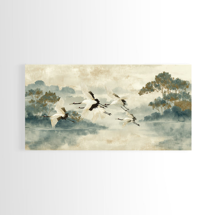 Ethereal Cranes Flying Through Pale Morning Mist Canvas Print, Above Bed Art, Digital Prints, Bedroom Decor, Serenity, ABA-2x1-29