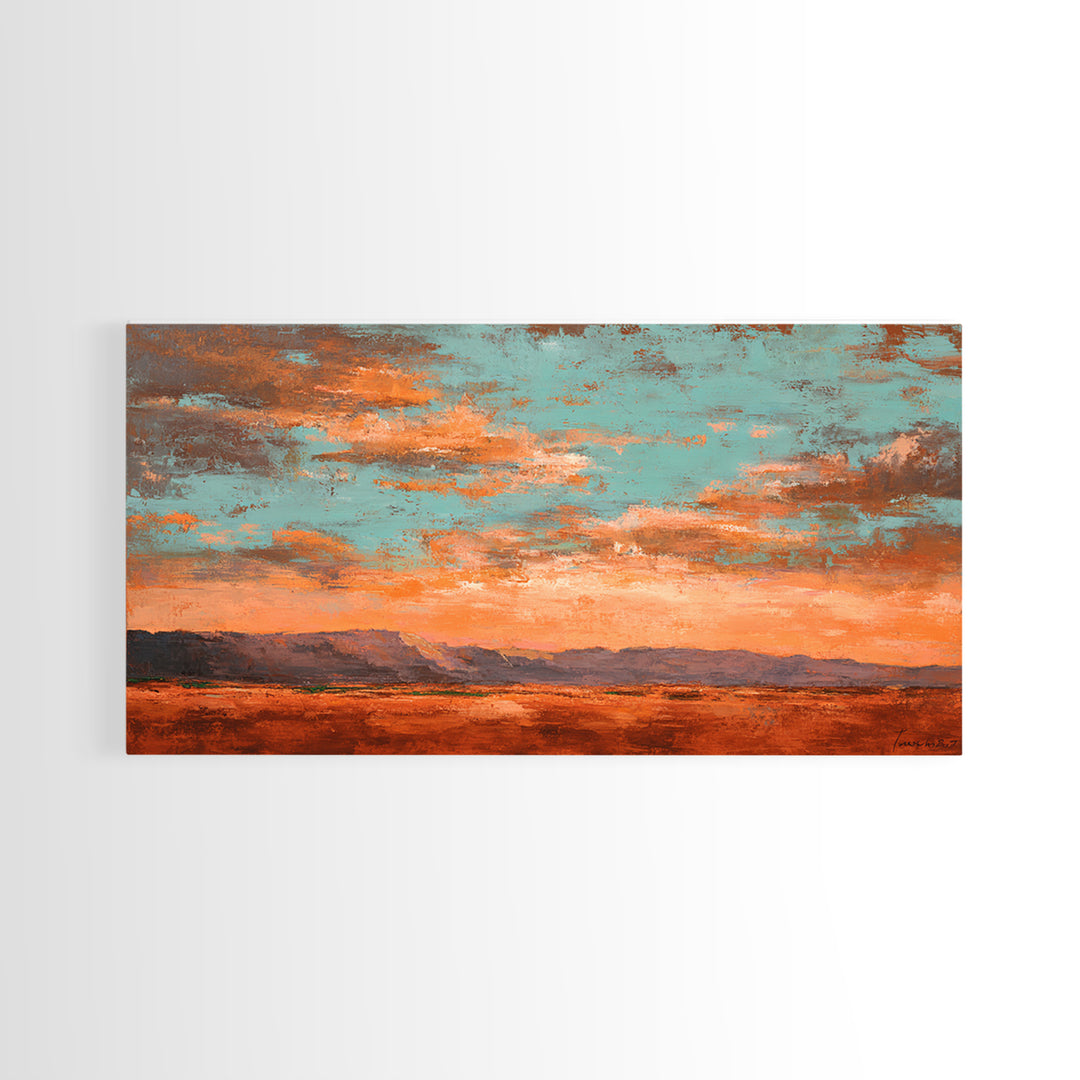 Dreamy Desert Sunset Framed Canvas Print, Above Bed Art, Bedroom Decor, Oil Painting, Serenity, Boho Decor, Western Decor, ABA-2x1-3