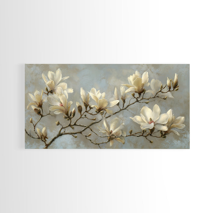 Delicate Magnolia Branch on Cream Background Canvas Print, Above Bed Art, Wall Art, Bedroom Decor, Fine Art, Serenity, ABA-2x1-36