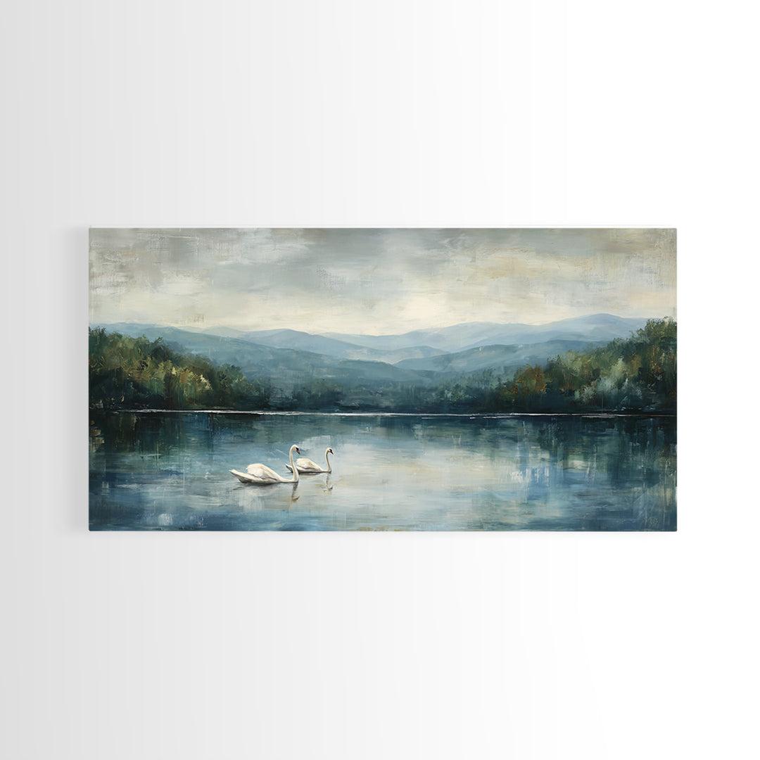 Paired Swans in a Dreamy Painterly Lake Framed Canvas Print, Above Bed Art, Fine Art Print, Bedroom Decor, Fine Art, Serenity, ABA-2x1-42