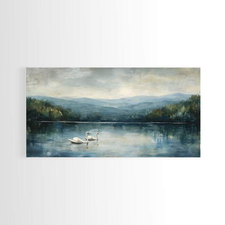 Paired Swans in a Dreamy Painterly Lake Framed Canvas Print, Above Bed Art, Fine Art Print, Bedroom Decor, Fine Art, Serenity, ABA-2x1-42