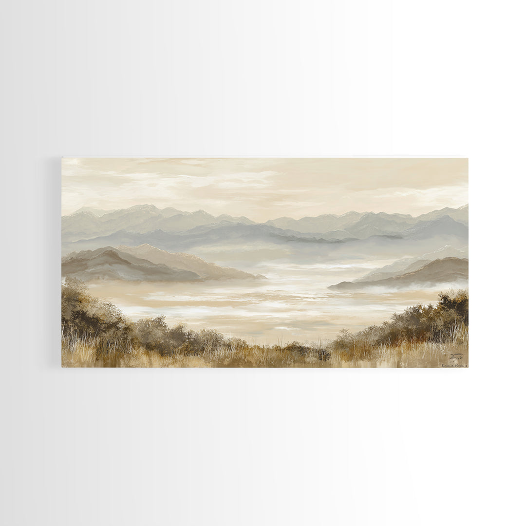 Panoramic Misty Mountain Landscape Framed Canvas Print, Above Bed Art, Mid Century Modern, Bedroom Decor, Oil Painting, ABA-2x1-45