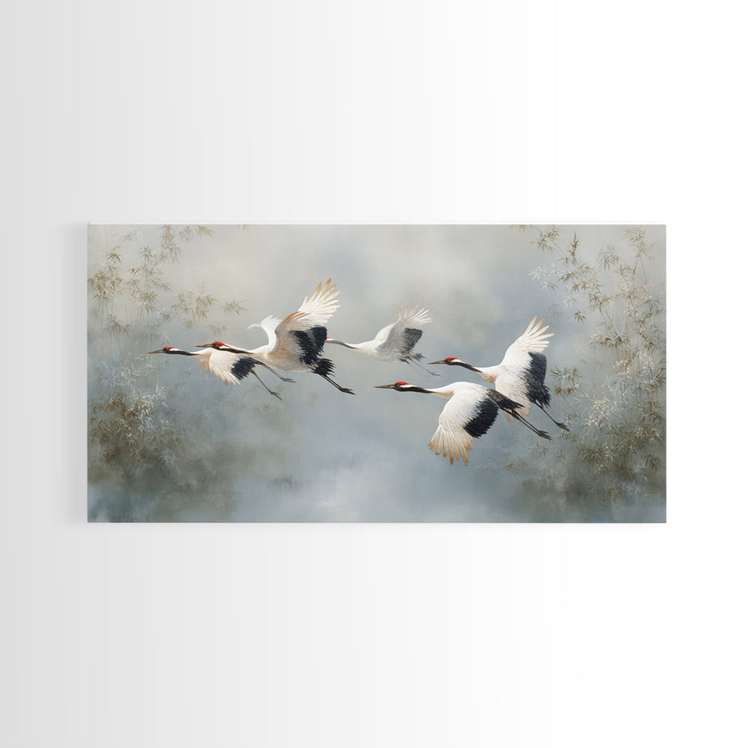 Ethereal Cranes Flying Through Pale Morning Mist Canvas Print, Above Bed Art, Digital Prints, Bedroom Decor, Serenity, ABA-2x1-5