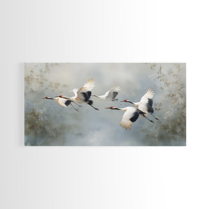 Ethereal Cranes Flying Through Pale Morning Mist Canvas Print, Above Bed Art, Digital Prints, Bedroom Decor, Serenity, ABA-2x1-5