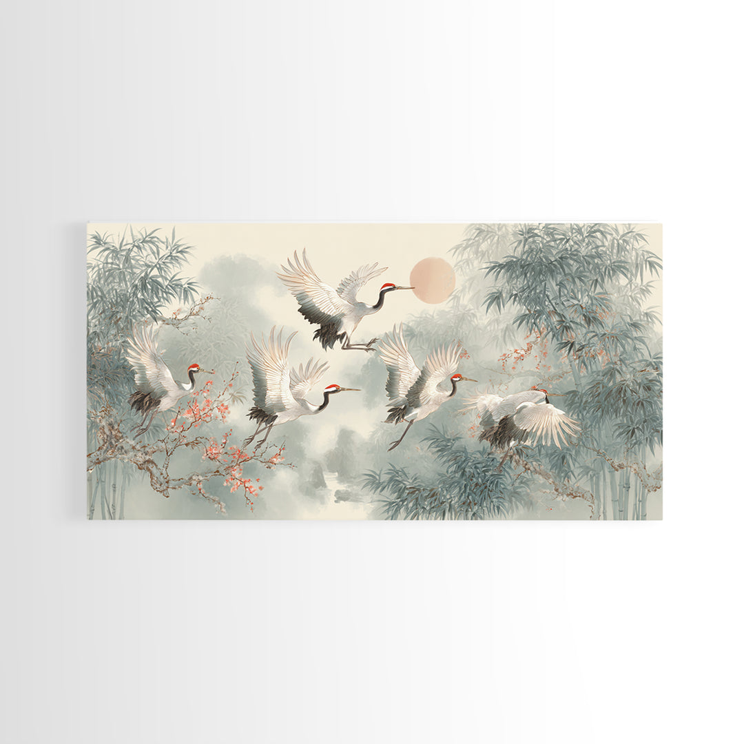 Ethereal Cranes Flying Through Pale Morning Mist Canvas Print, Above Bed Art, Bedroom Decor, Oil Painting, Serenity, ABA-2x1-53