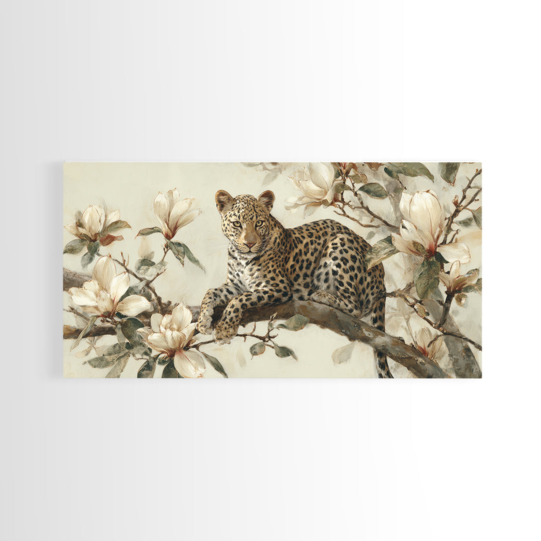 Delicate Magnolia Branch on Cream Background Framed Canvas Print, Above Bed Art, Mid Century Modern, Bedroom Decor, Serenity, ABA-2x1-60
