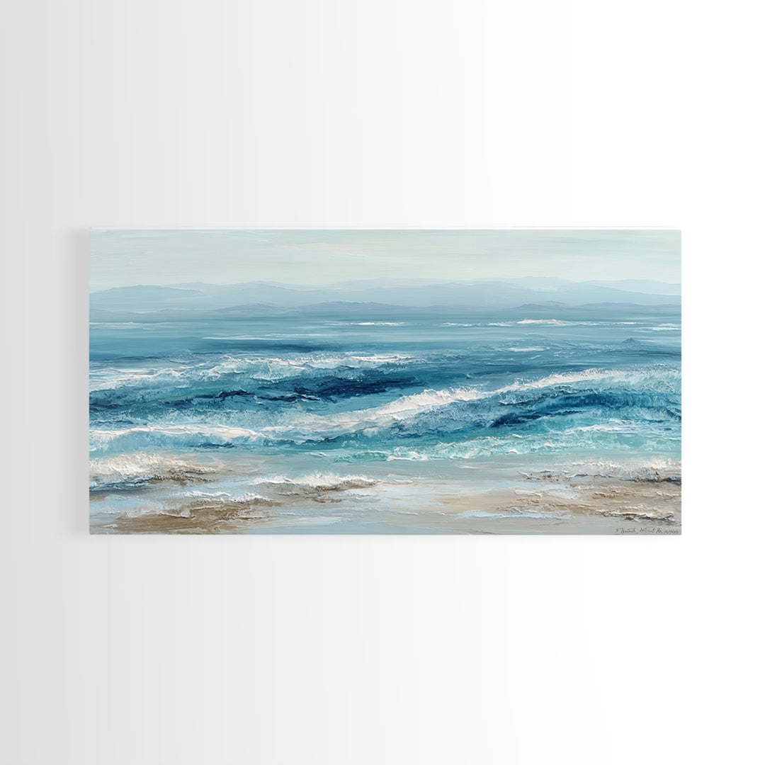 Serene Ocean Tide Seen from Above Framed Canvas Print, Above Bed Art, Wall Art Prints, Bedroom Decor, Fine Art, Serenity, ABA-2x1-65