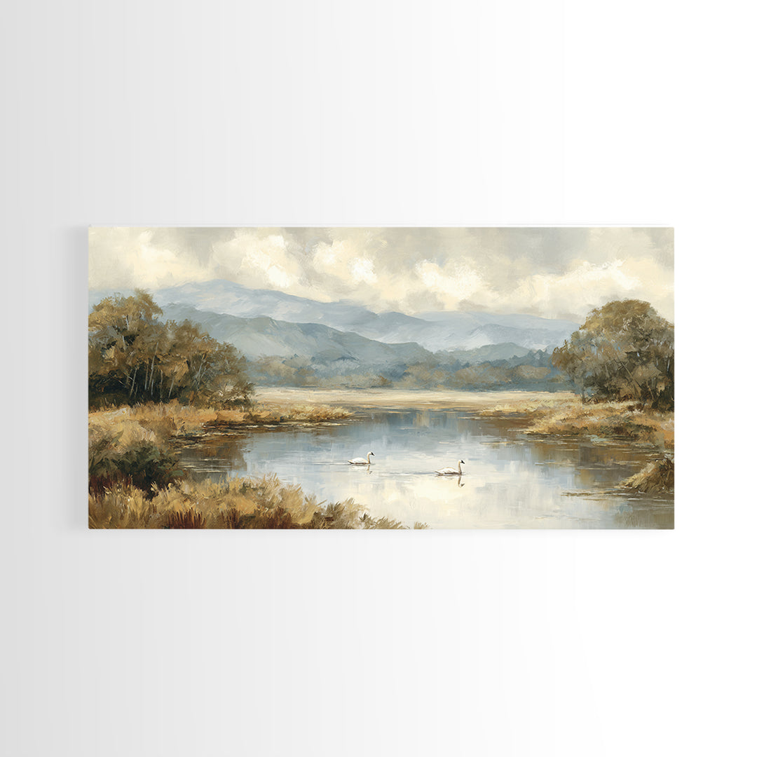 Paired Swans in a Dreamy Painterly Lake Canvas Print, Above Bed Art, Textured Painting, Bedroom Decor, Watercolor Art, Serenity, ABA-2x1-66