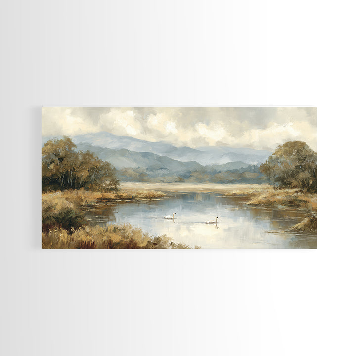 Paired Swans in a Dreamy Painterly Lake Canvas Print, Above Bed Art, Textured Painting, Bedroom Decor, Watercolor Art, Serenity, ABA-2x1-66