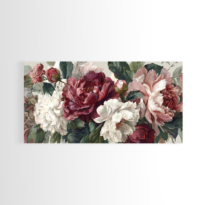 Romantic Oversized Peony Bloom on Warm Linen Canvas Print, Above Bed Art, Digital Art, Bedroom Decor, Fine Art, Serenity, ABA-2x1-70