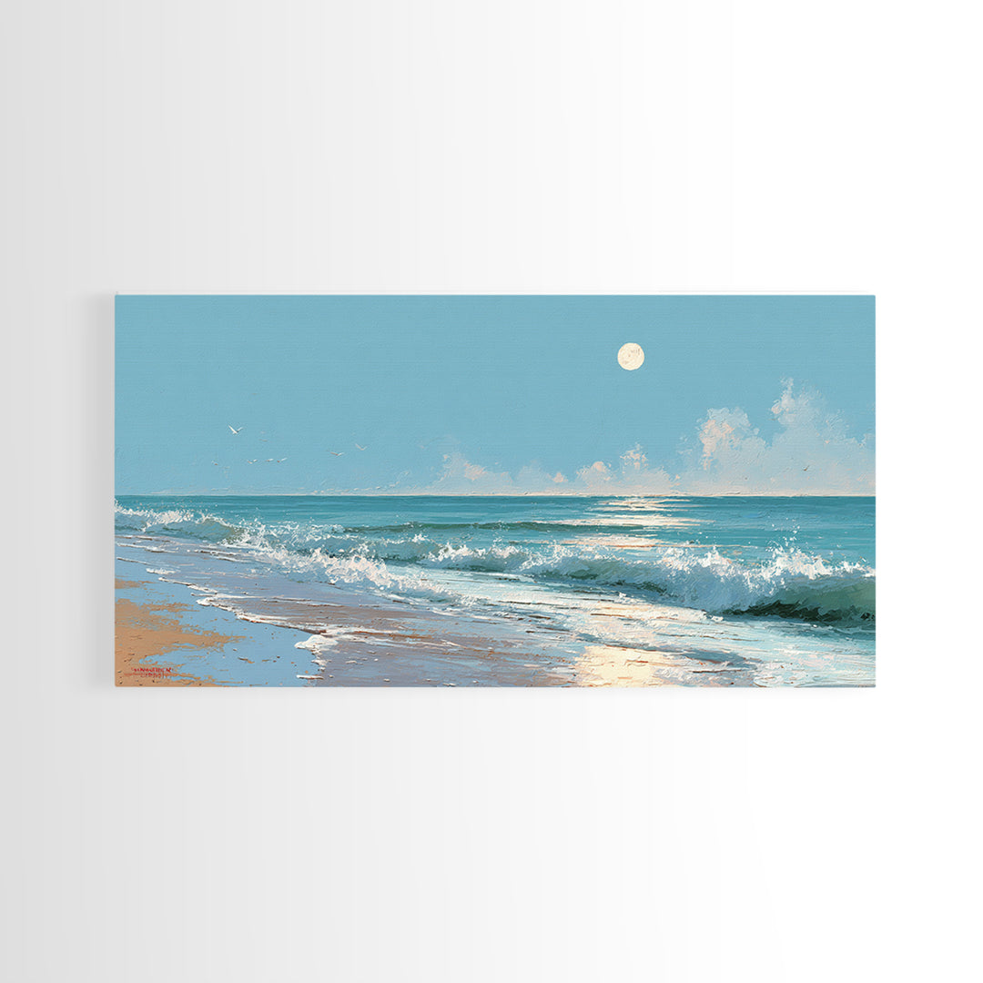 Quiet Moon over a Calm Ocean Horizon Canvas Print, Above Bed Art, Boho Decor, Bedroom Decor, Serenity, Statement Artwork, ABA-2x1-71