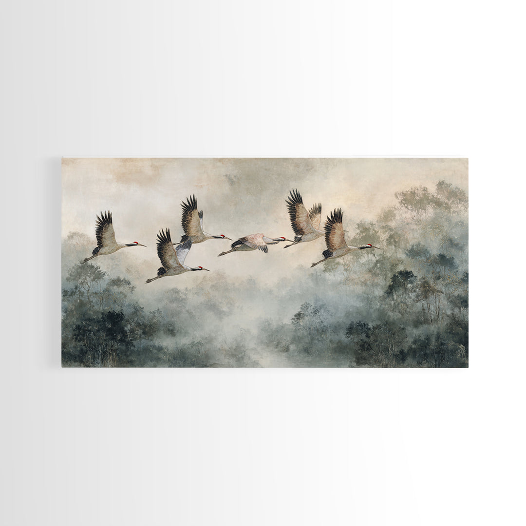 Ethereal Cranes Flying Through Pale Morning Mist Canvas Print, Above Bed Art, Bedroom Decor, Oil Painting, Serenity, ABA-2x1-77