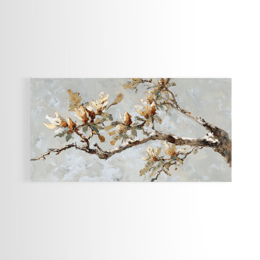 Delicate Magnolia Branch on Cream Background Framed Canvas Print, Above Bed Art, Boho Wall Art, Bedroom Decor, Watercolor Art, ABA-2x1-84
