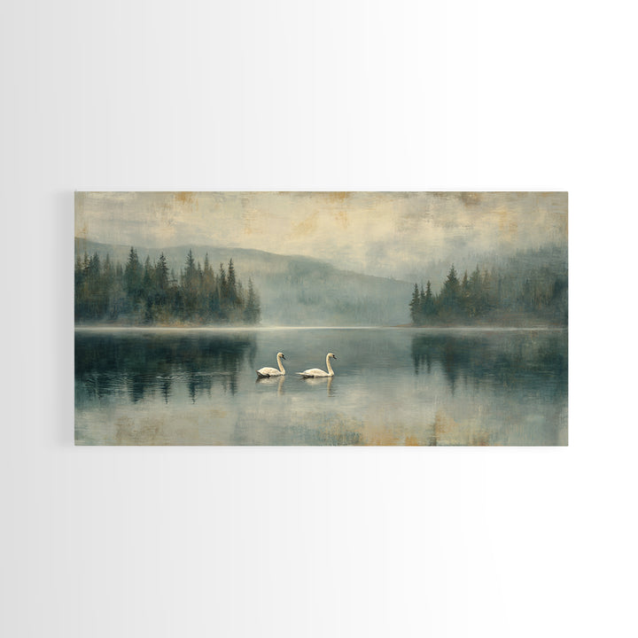 Paired Swans in a Dreamy Painterly Lake Framed Canvas Print, Above Bed Art, Digital Prints, Bedroom Decor, Fine Art, Serenity, ABA-2x1-90