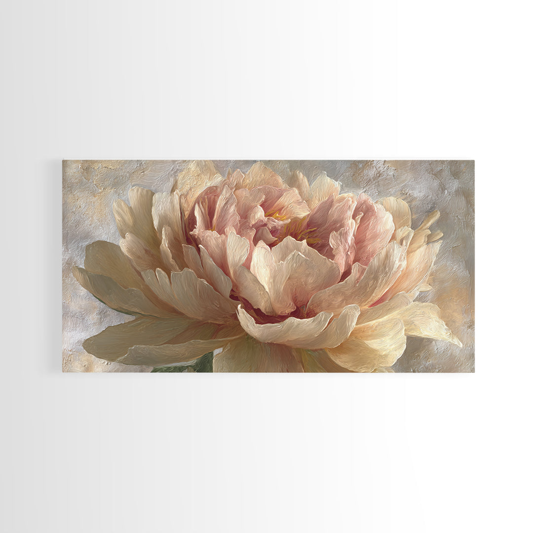 Romantic Oversized Peony Bloom on Warm Linen Canvas Print, Above Bed Art, Digital Art, Bedroom Decor, Fine Art, Serenity, ABA-2x1-94