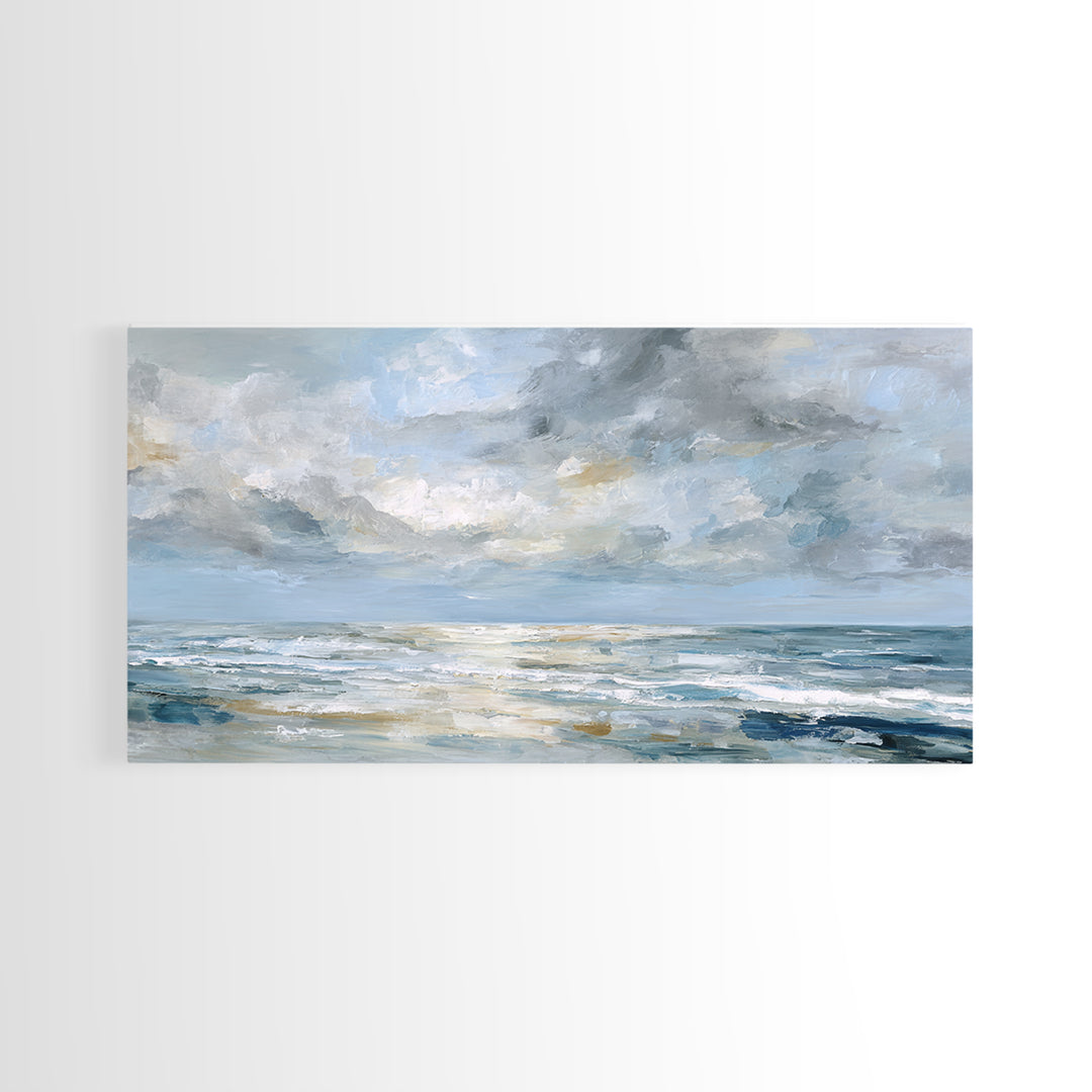 Quiet Moon over a Calm Ocean Horizon Framed Canvas Print, Above Bed Art, Bedroom Wall Decor, Bedroom Decor, Oil Painting, ABA-2x1-95