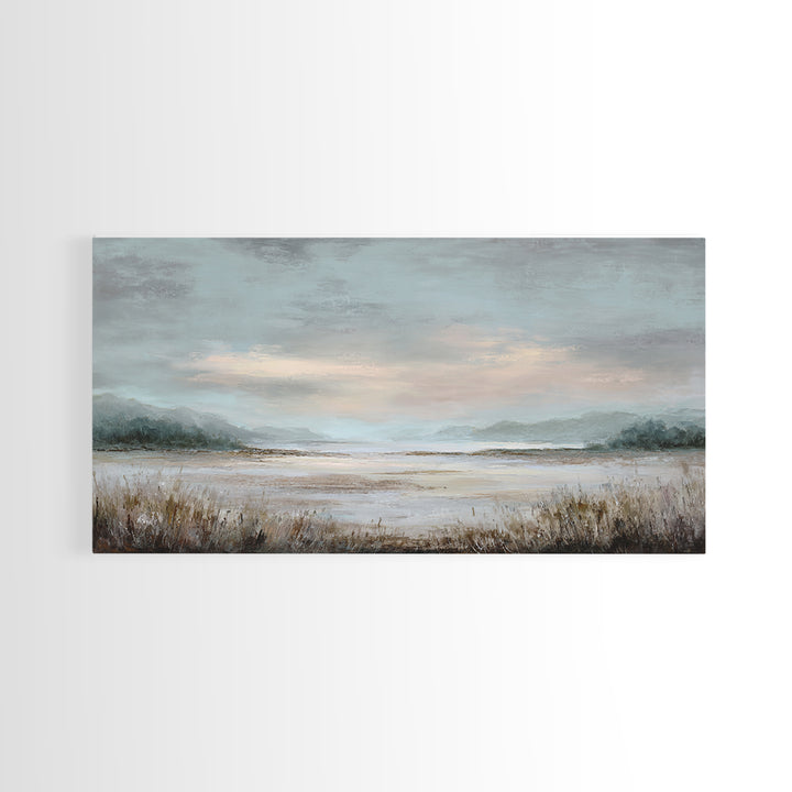 Tranquil Cloudscape with Blush Undertones Framed Canvas Print, Above Bed Art, Digital Print, Bedroom Decor, Fine Art, Serenity, ABA-2x1-97