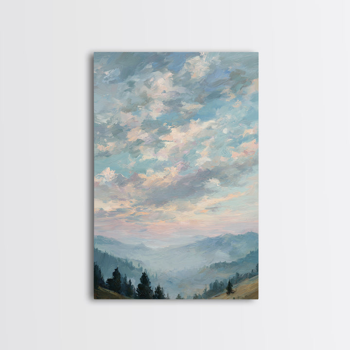 Tranquil Cloudscape with Blush Undertones Framed Canvas Print, Above Bed Art, Digital Art, Bedroom Decor, Fine Art, Serenity, ABA-2x3-13