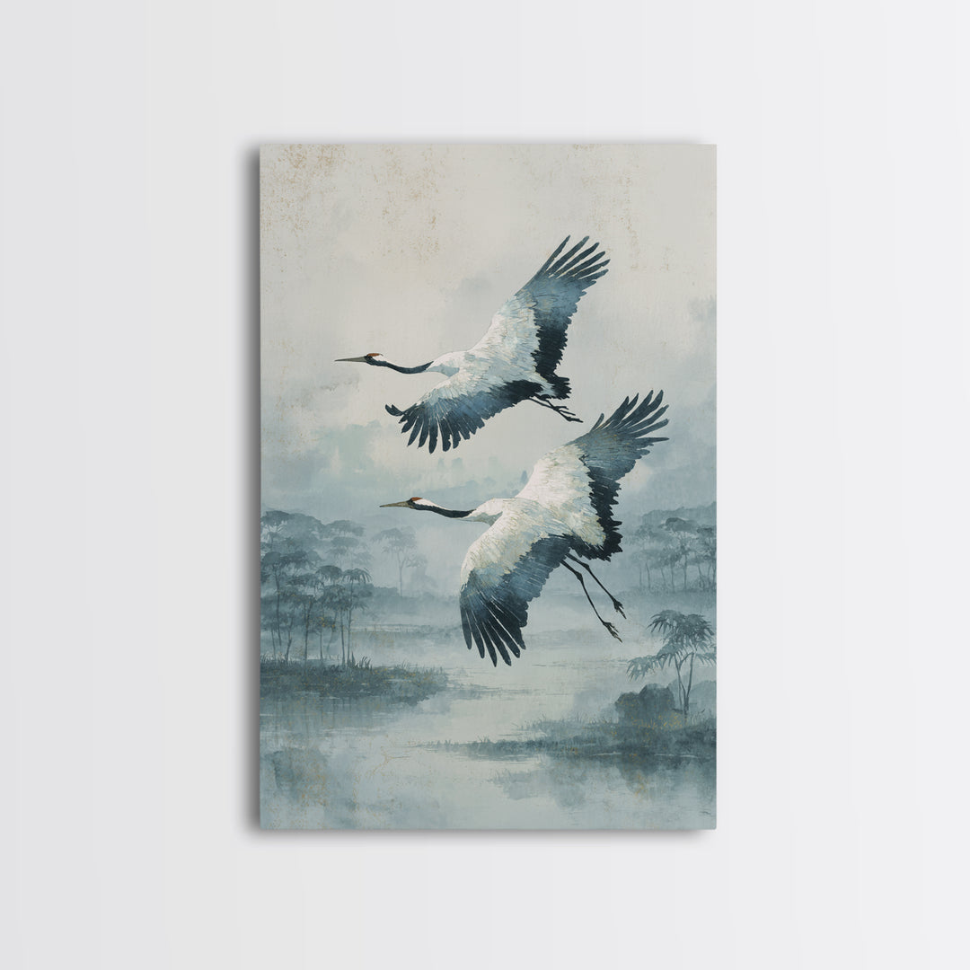 Ethereal Cranes Flying Through Pale Morning Mist Canvas Print, Above Bed Art, Printable Wall Art, Bedroom Decor, Serenity, ABA-2x3-17