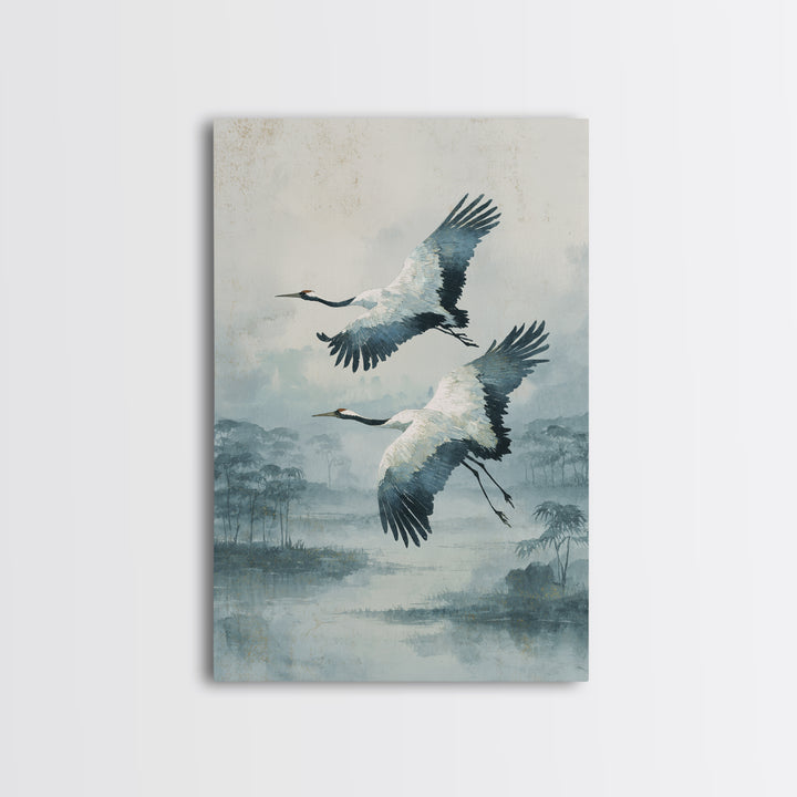 Ethereal Cranes Flying Through Pale Morning Mist Canvas Print, Above Bed Art, Printable Wall Art, Bedroom Decor, Serenity, ABA-2x3-17