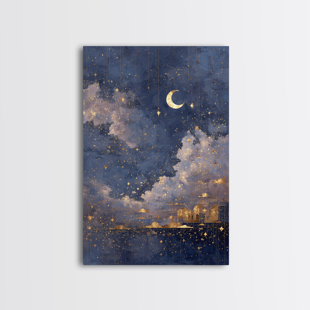 Subtle Celestial Scene Framed Canvas Print, Above Bed Art, Bedroom Decor, Oil Painting, Serenity, Textured Wall Art, ABA-2x3-21