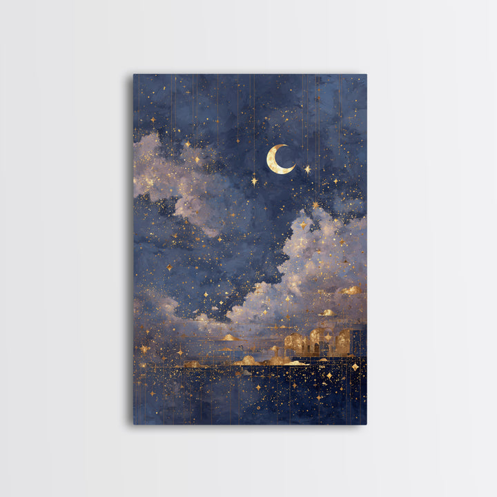 Subtle Celestial Scene Framed Canvas Print, Above Bed Art, Bedroom Decor, Oil Painting, Serenity, Textured Wall Art, ABA-2x3-21