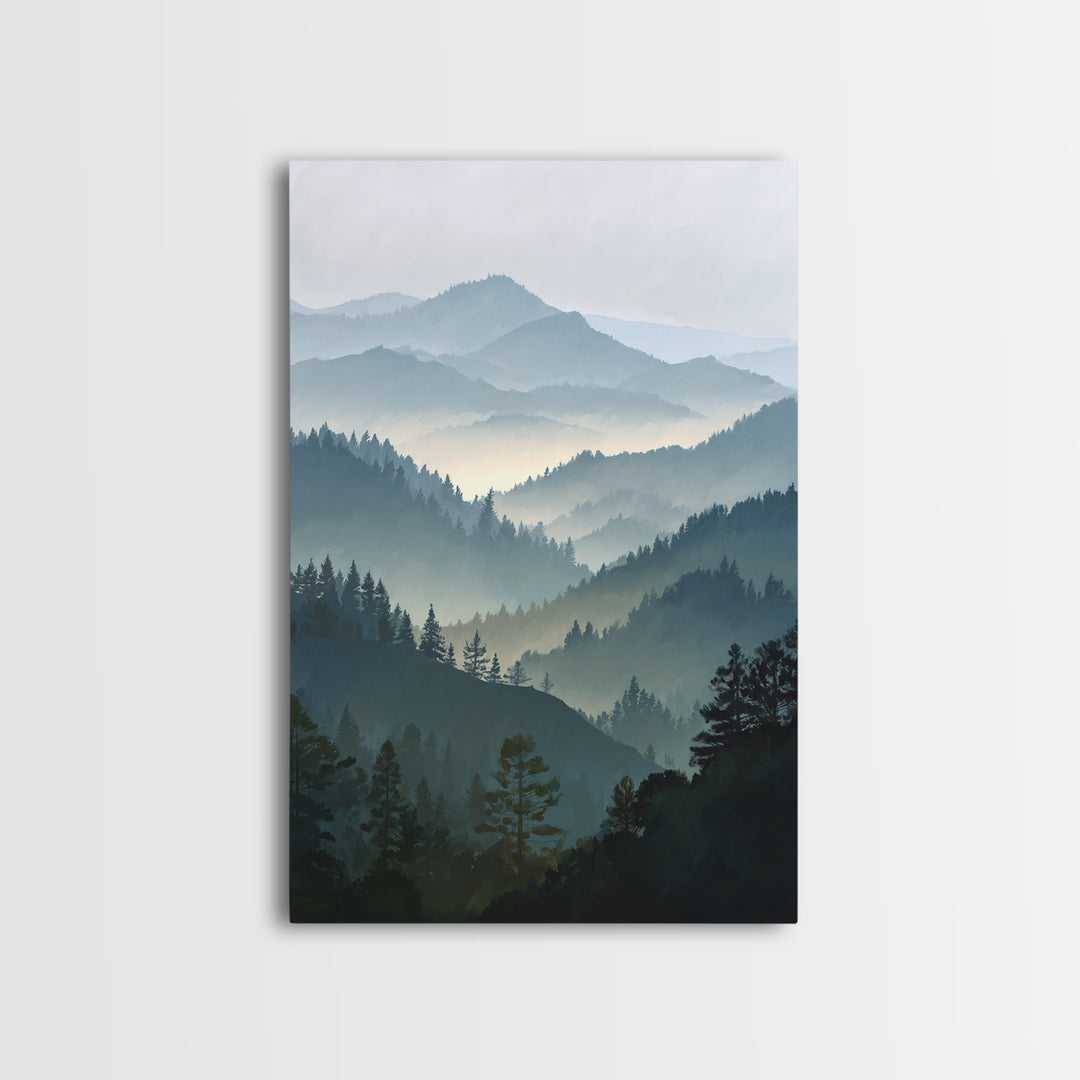 Quiet Forest Ridge Softened by Fog Framed Canvas Print, Above Bed Art, Textured Painting, Bedroom Decor, Fine Art, Serenity, ABA-2x3-22