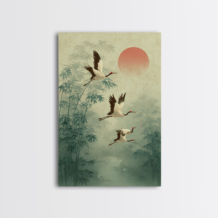 Ethereal Cranes Flying Through Pale Morning Mist Canvas Print, Above Bed Art, Printable Wall Art, Bedroom Decor, Serenity, ABA-2x3-41