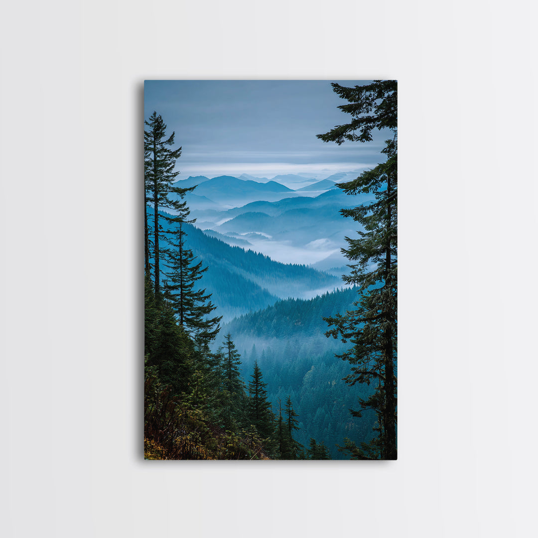 Quiet Forest Ridge Softened by Fog Framed Canvas Print, Above Bed Art, Textured Painting, Bedroom Decor, Fine Art, Serenity, ABA-2x3-46