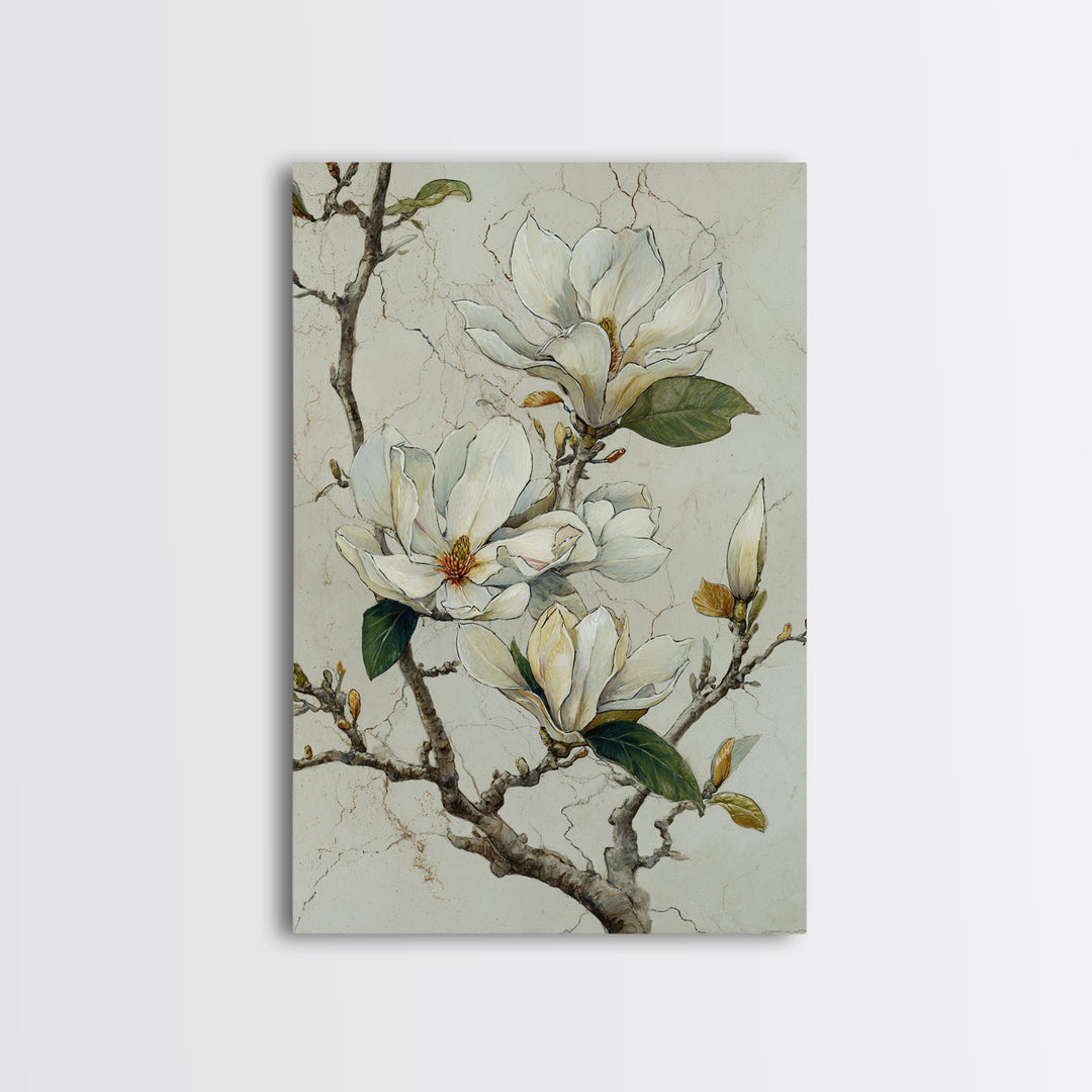 Delicate Magnolia Branch on Cream Background Framed Canvas Print, Above Bed Art, Statement Artwork, Bedroom Decor, Serenity, ABA-2x3-48