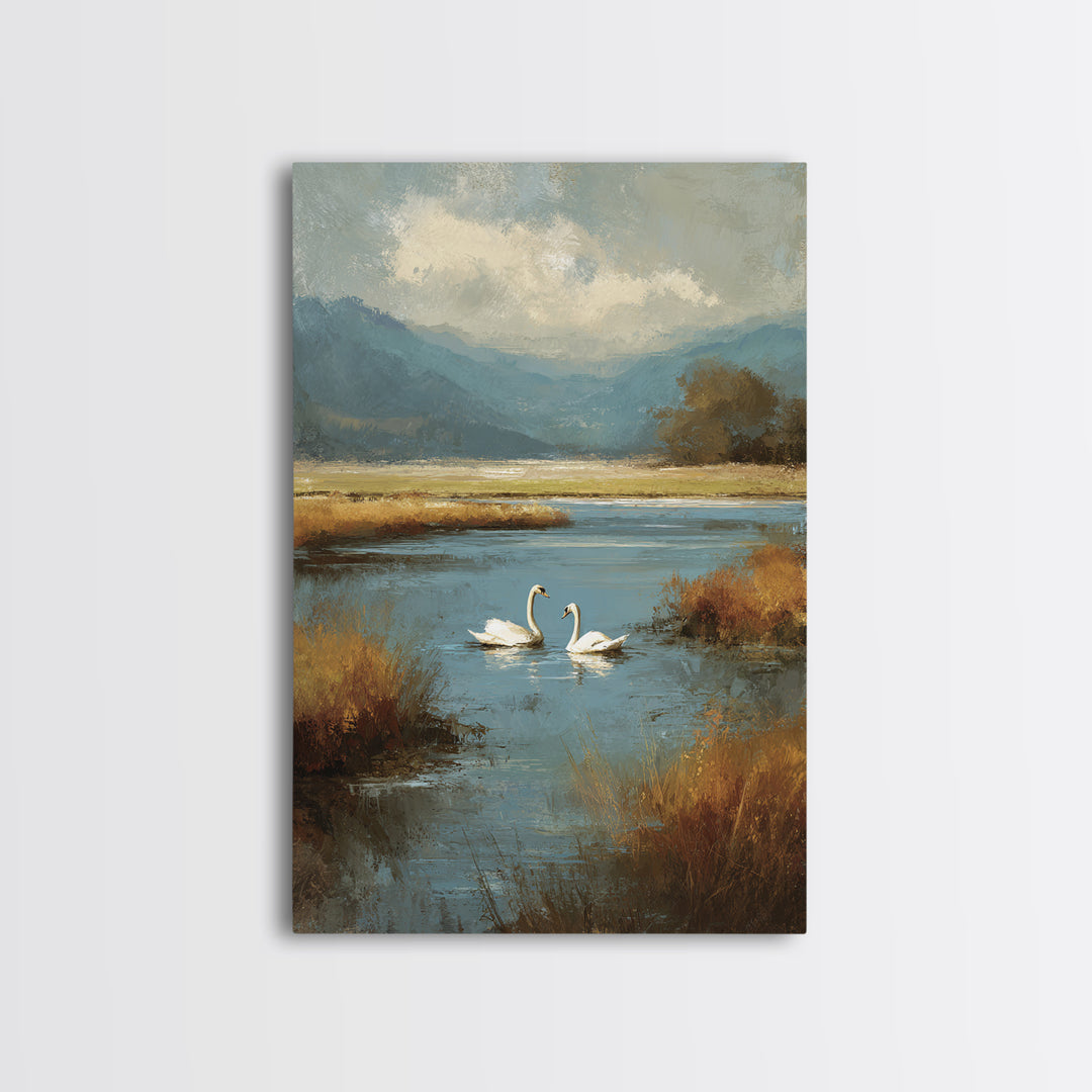 Paired Swans in a Dreamy Painterly Lake Canvas Print, Above Bed Art, Minimalist Decor, Bedroom Decor, Fine Art, Serenity, ABA-2x3-54