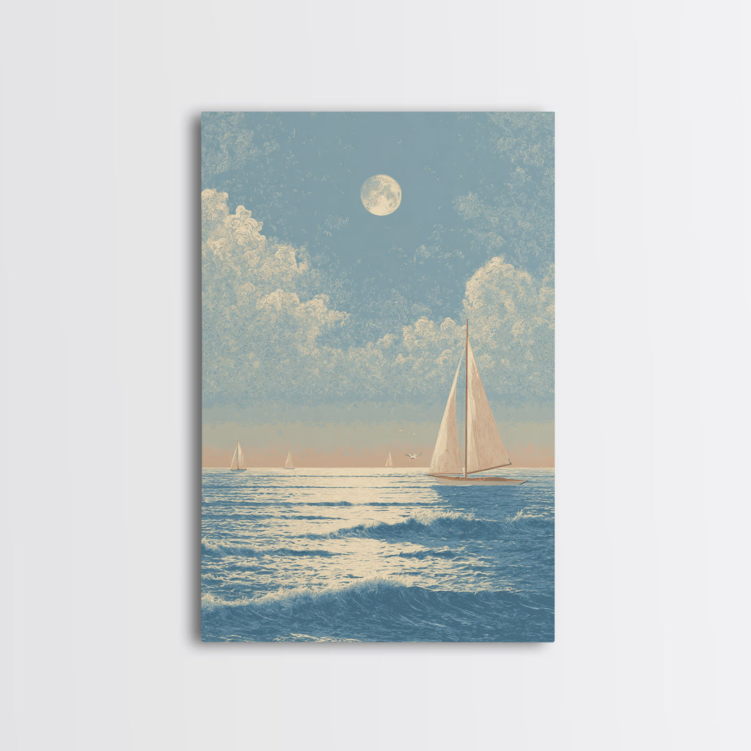 Quiet Moon over a Calm Ocean Horizon Framed Canvas Print, Above Bed Art, Digital Art, Bedroom Decor, Fine Art, Serenity, ABA-2x3-59
