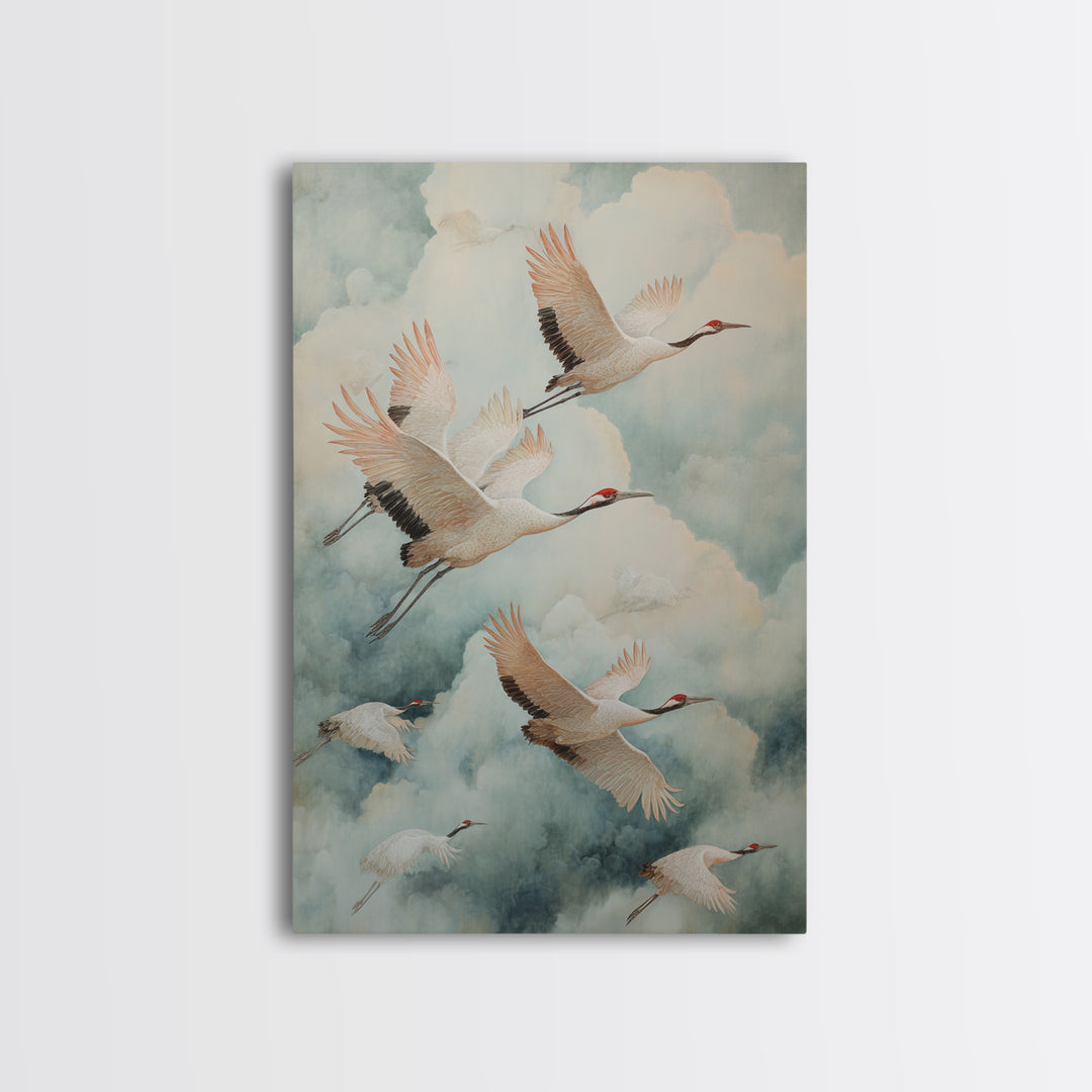 Ethereal Cranes Flying Through Pale Morning Mist Canvas Print, Above Bed Art, Canvas Wall Art, Bedroom Decor, Serenity, ABA-2x3-65