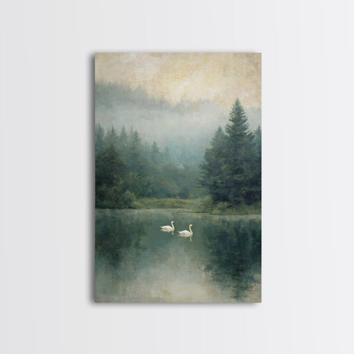 Paired Swans in a Dreamy Painterly Lake Framed Canvas Print, Above Bed Art, Printable Wall Art, Bedroom Decor, Serenity, ABA-2x3-78
