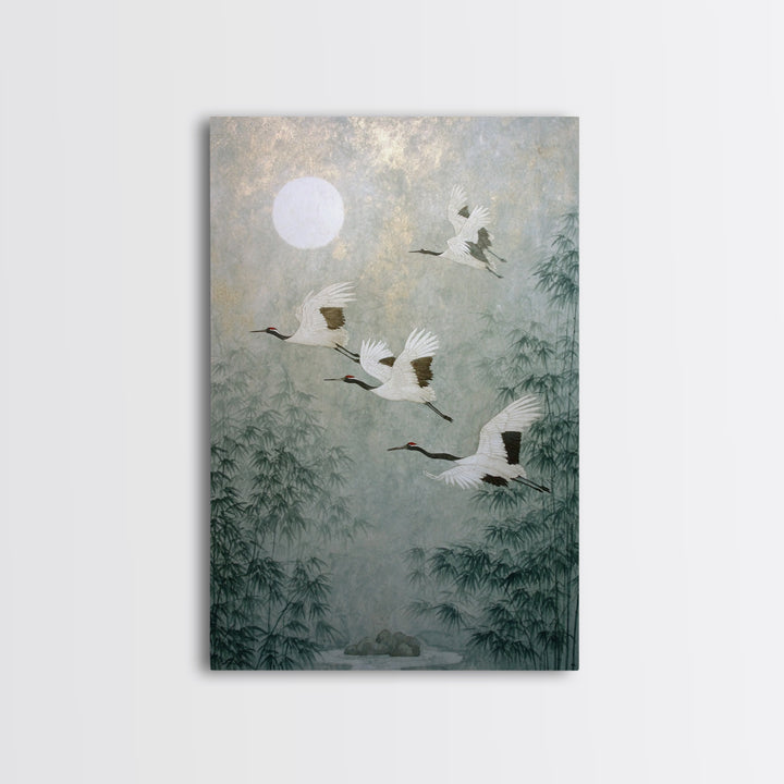 Ethereal Cranes Flying Through Pale Morning Mist Canvas Print, Above Bed Art, Living Room Decor, Bedroom Decor, Serenity, ABA-2x3-89
