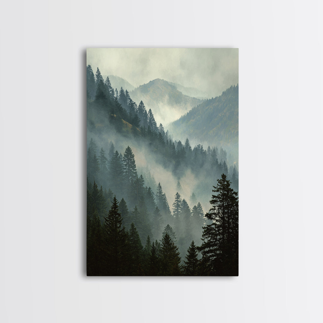 Quiet Forest Ridge Softened by Fog Framed Canvas Print, Above Bed Art, Large Wall Art, Bedroom Decor, Fine Art, Serenity, ABA-2x3-94