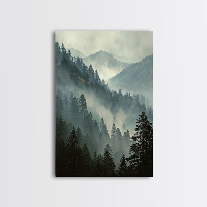 Quiet Forest Ridge Softened by Fog Framed Canvas Print, Above Bed Art, Large Wall Art, Bedroom Decor, Fine Art, Serenity, ABA-2x3-94